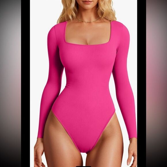 Bodysuit Sexy Ribbed Long Sleeve Square Neck One Piece Bodysuit hourglass snatch - Picture 2 of 12